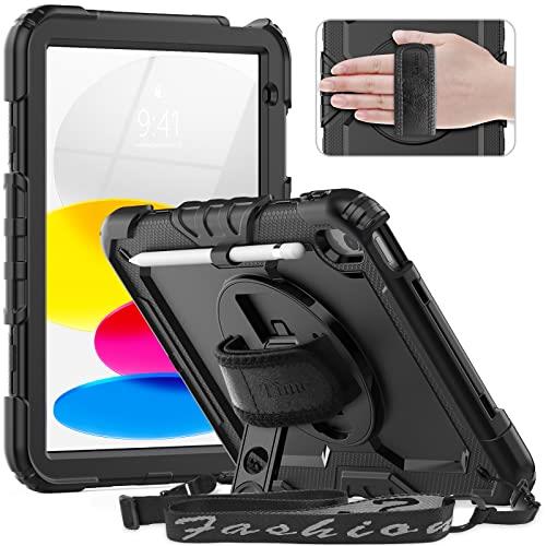 SUPFIVES Case for iPad 10th Generation 2022, Upgraded Military Grade Heavy Duty Silicone Protector iPad 10th Gen 10.9 inch 2022 Cover Pencil Holder+ Rotating Stand+ Handle+ Shoulder Strap(Black)
