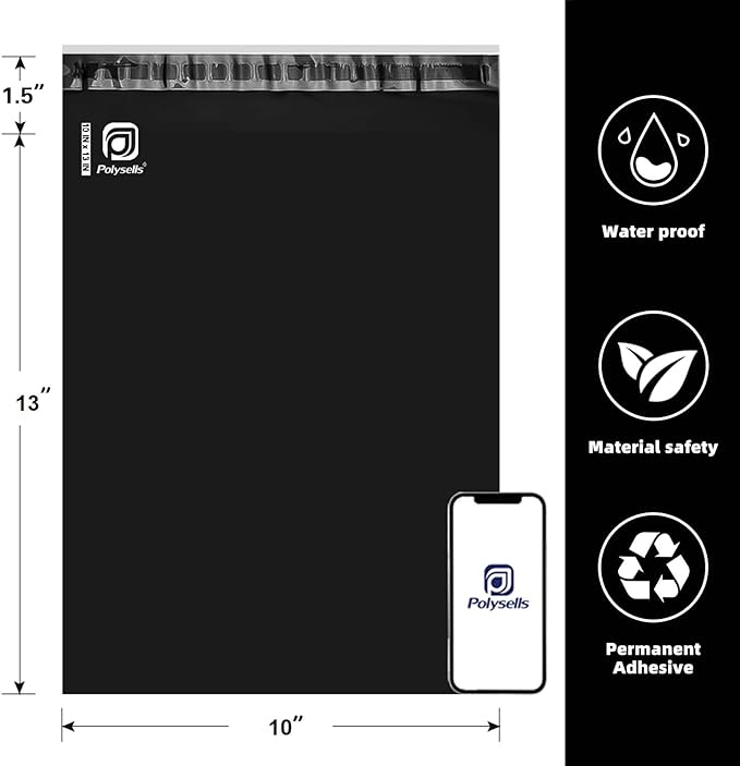 POLYSELLS 1000 pcs 10x13 Inches Black Poly Mailers Shipping Envelopes, Strong Adhesive Sealing, Waterproof, and Tear-resistant Postal Mailing Bags for Clothing, Books, and Accessories