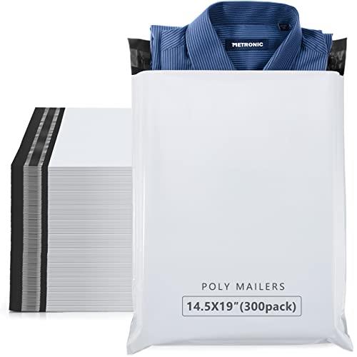 Metronic 300 Pcs Shipping Bags 14.5x19, Large Poly Mailers for Small Business Supplies, White Poly Bags for Clothing Packing Supplies, Strong Adhensive Self Seal Mailing Packing Bags Postal Bags